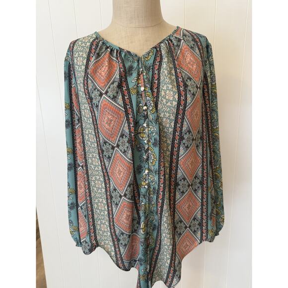 Sami & Jo Blouse Womens Petite PXL Boho Floral Geometric Top Extra Large Shirt - Picture 2 of 9